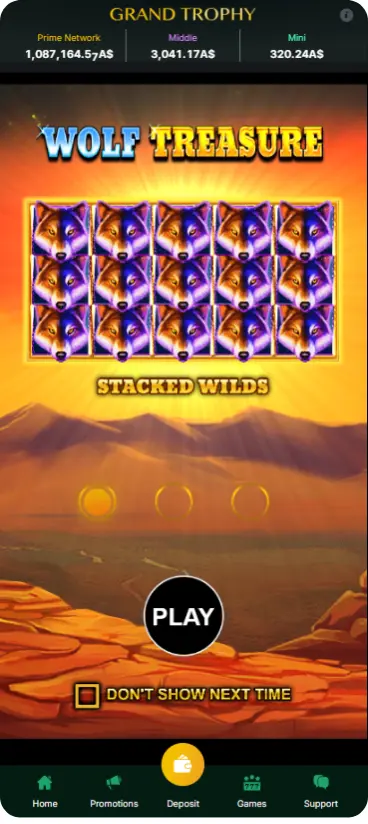 Wolf Treasure bet adjustment panel showing coin value slider from 0.01 to 0.50, bet level selector from 1 to 5 coins, total bet display showing AUD 1.25, and spin button