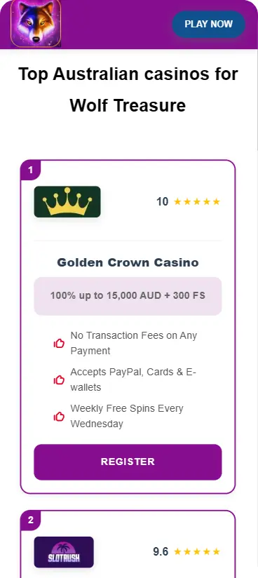 Screenshot of casino selection page showing three Australian-friendly online casinos with their welcome bonuses, payment method icons including POLi and PayID, and Play Now buttons