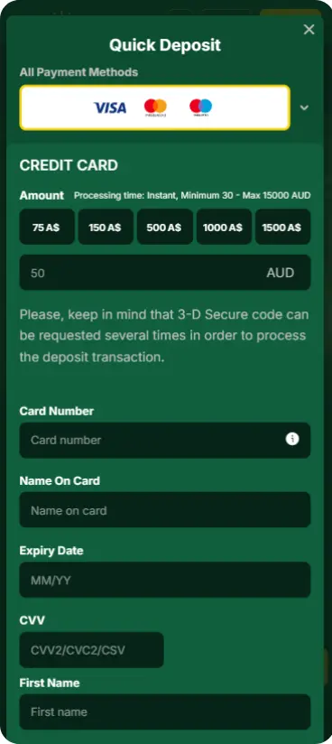 Casino deposit page showing payment method selection with POLi, PayID, bank transfer and card options, deposit amount field showing AUD currency, and instant processing time indicators