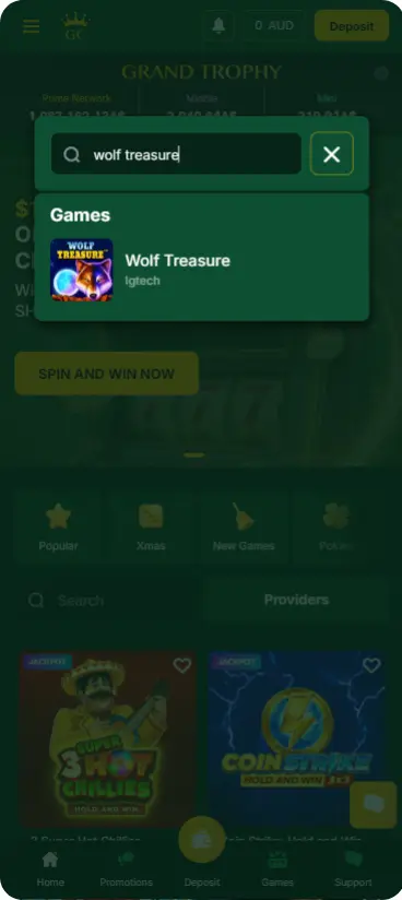 Casino game lobby showing search bar with Wolf Treasure typed in, IGTech provider filter selected, and Wolf Treasure game thumbnail with Arizona desert background visible in results