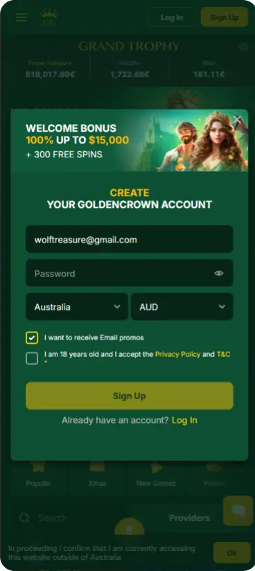 Casino registration form displaying fields for name, email, Australian phone number, address, and date of birth, with terms and conditions checkbox
