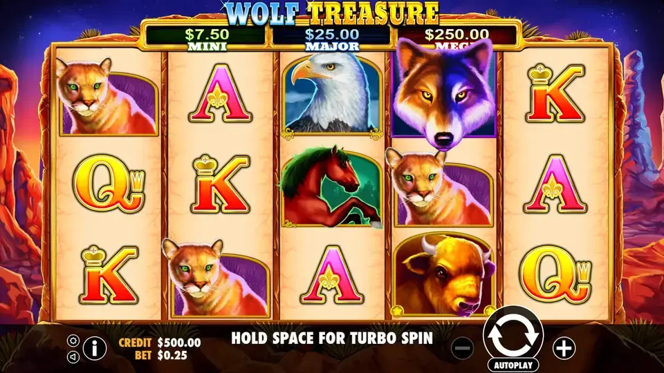Wolf Treasure base game showing 5x3 reels positioned against an Arizona desert backdrop at twilight with canyon silhouettes, cacti and sagebrush visible, featuring hand-drawn animal symbols including wolves, eagles and buffalo
