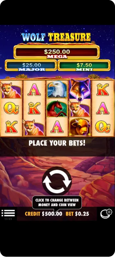 Wolf Treasure pokie displayed on a smartphone screen in landscape mode, showing the full 5x3 reel layout with Arizona desert background clearly visible, touch-friendly interface buttons for spin and bet controls at the bottom
